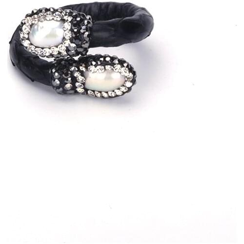 New Freshwater Pearl Tail End Bead Charms Pave Rhinestone Black Real Snake Leather Wrap Open Adjustable Rings Cuff For Women
