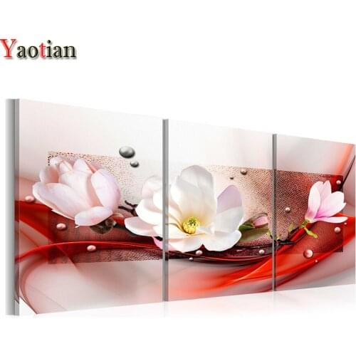 Full Square Diamond Painting 3 Piece Pink Magnolia Floral 5D DIY Mosaic Diamond Embroidery Cross Stitch Kit Home Decor