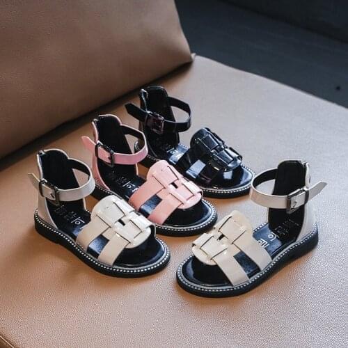 Girls Sandals 2021 Summer New Korean Childrens Roman Zip Rhinestone Pu Sandals Kids Non-slip Zip Shoes Middle Big Child Shoe