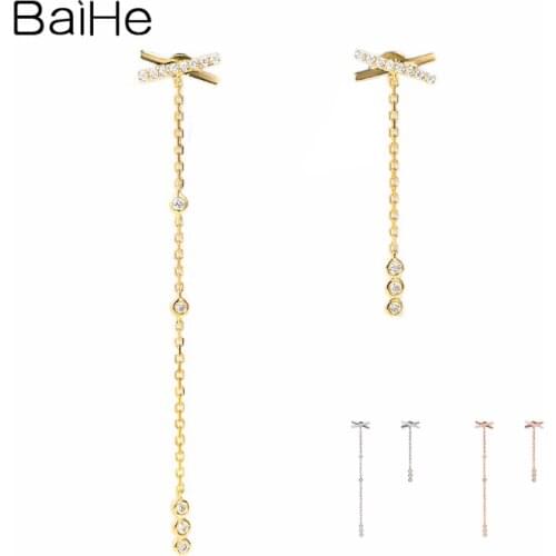 BAIHE Solid 18K Yellow Gold 0.14ct H/SI Round Natural Diamond Wedding Trendy Fine Jewelry diamond tassel Stud Earrings For Women