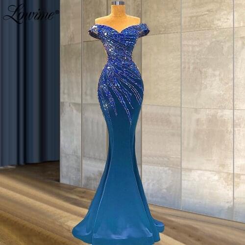 Beaded Blue Off Shoulder Long Prom Dresses Party Gowns 2021 Formal Evening Dress Dubai Aibye Celebrity Dresses Robe De Soiree