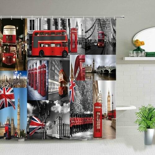 Old Newspaper Bathroom Screen Bath Curtain European Style Retro London Big Ben Red Tram Telephone Hall Scenery Shower Curtains