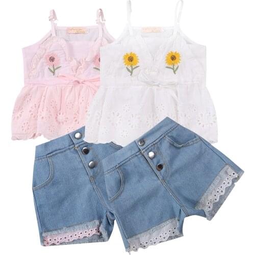 2pcs Kids Girls Clothes Suit Set Cute Summer Sunflower Embroidery V-Neck Sleeveless Tops Floral Lace Denim Shorts