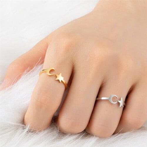 Yungqi Stainless Steel Moon Star Open Rings For Women Charm Jewelry Beautiful Finger Adjustable Rings For Party Birthday Gift