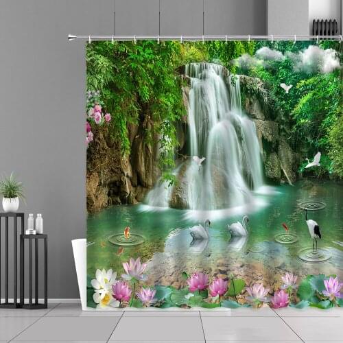 Waterfall Landscape Shower Curtains Green Plants Pink Lotus Flower Swan Forest Spring Scenery Bath Curtain Waterproof Home Decor