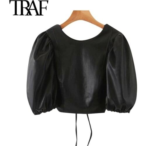 TRAF Women Sexy Fashion Faux Leather Puff Sleeve Cropped Blouses Vitnage Backless Drawstring Female Shirts Chic Tops