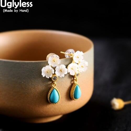 Uglyless Natural Shell Little Flowers Earrings for Women High Porcelain Turquoise Water Drop Earrings 925 Silver Jewelry Gold