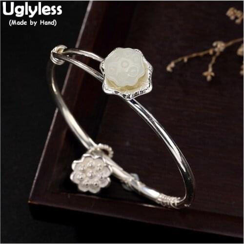 Uglyless Real S925 Sterling Silver Fine Jewelry Natural Hetian White Jade Lotus Bangles Women Flower Charms Bangle Enamel Bijoux