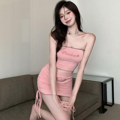 WOMENGAGA Summer Women Sexy Two-piece Set Strapless Diamonds Tube Top + Side Drawstring Mini Package Hip Skirt 023C