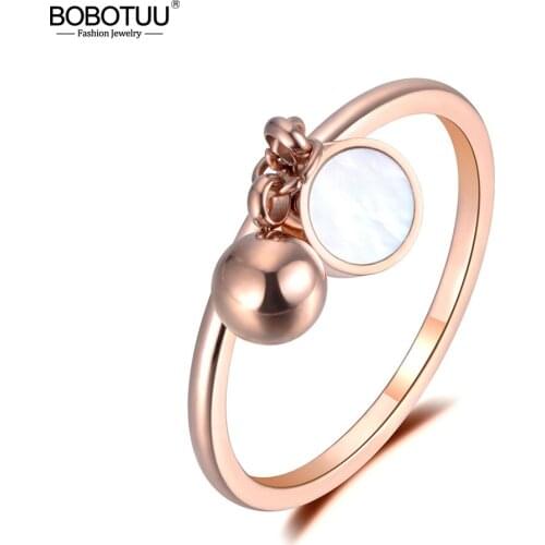 BOBOTUU OL Design White/Black Shell Ball Stainless Steel Ring Rose Gold Geometric Anniversary Rings For Women Jewelry BR19014