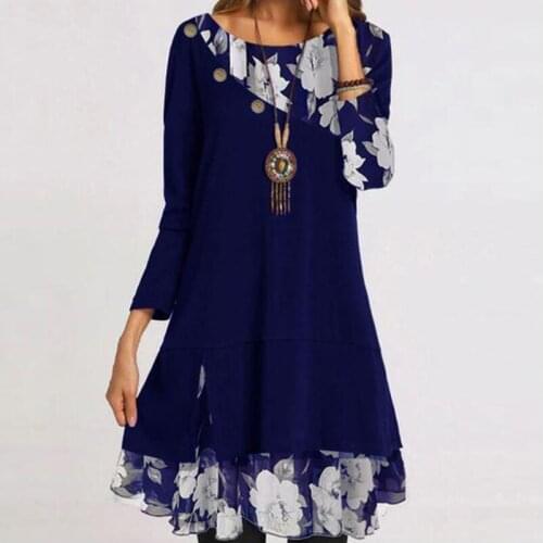 Vintage Floral Print Patchwork Button Dress Women Elegant O Neck Party Dress 2021 Spring Autumn Long Sleeve Dress Vestido