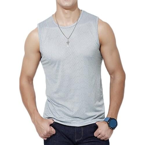 Mens Breathable Mesh Vest Mens Ice Silk Quick-drying Crew Neck Hollow Sleeveless Vest Wide Shoulder Waistcoat Fitness Slim Top