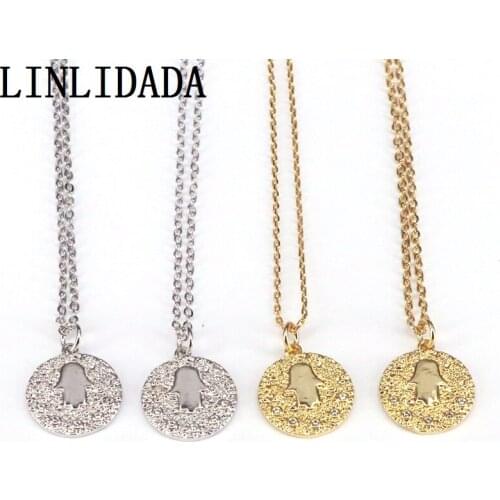 10Pcs, Hamsa Hand Jewelry CZ Round Charms Fashion Pendants Necklace Gold Silver Color