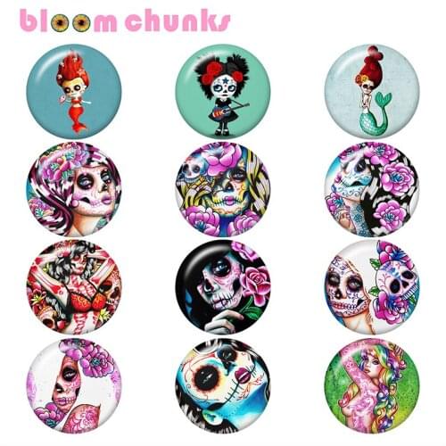 10pcs Halloween skull flower girls 12mm/18mm/20mm/25mm Round photo glass cabochon jewelry flat back Making findings B5596
