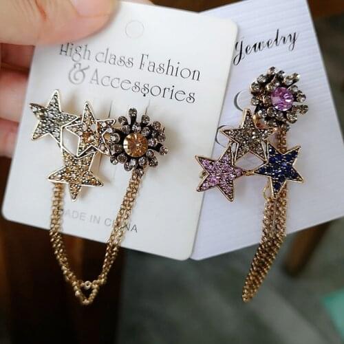 Ins Five-pointed Star Brooches Tassel Chain Fashion Vintage Glittering Rhinestone Brooch Pin Ladies Chic Clothing Accessories