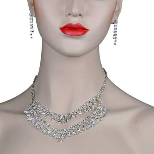 Chran Sparkling 2 Rows Rhinestone Bridal Wedding Jewelry Set for Women Party Necklace Tassels Earrings Set