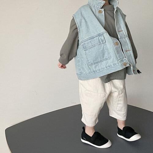 8466 Children Clothes Denim Vest Autumn New 2021 Boys Washed Jeans Vest Simple All Match Girls Waistcoat Denim Coat