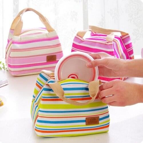 Canvas Stripe Picnic Lunch Drink Thermal Insulated Cooler Tote Bag 450ML Portable Carry Case Lunch Box 6 Colors LX1895