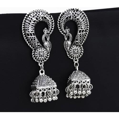 Indian Tribal Earring Ethnic Peacock Dangle Drop Earrings For Women Boho Vintage Silver Color Oxidized Brincos Gypsy Jewelry