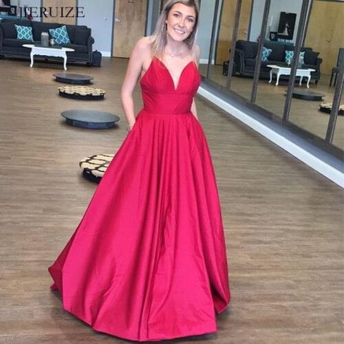 JIERUIZE Fuchsia simple Evening Dresses long v-neck spaghetti straps Long Prom Party Dresses Evening Gowns Cheap Formal Dress