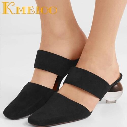 Kmeioo 2020 Fashion Ladies Shoes Strange Style Sandals Slip On Square Toe Wood Grain Heels Dress Evening Wedding Shoes 5CM