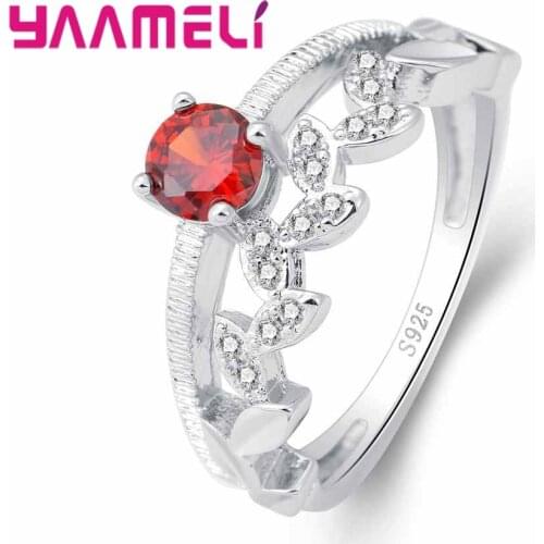 Natural Rustic Style Plant Series Leaf Shape Red Crystal Halloween Gift Surprise Ring 925 Sterling Silver For Women