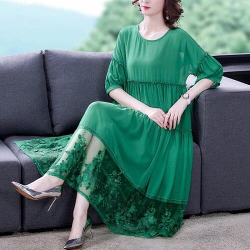 Summer 2021 Women Ebmroidery Ruffles Lanter Half Sleeve Black Green Long Chiffon Dress , Woman 4x 5xl Casual Dresses