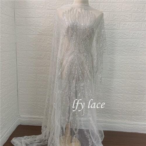 LFY Latest Fashion Sliver Bead Gorgeous French Embroidery Lace Fabric Luxury Bridal Wedding Dress Lace Fabric