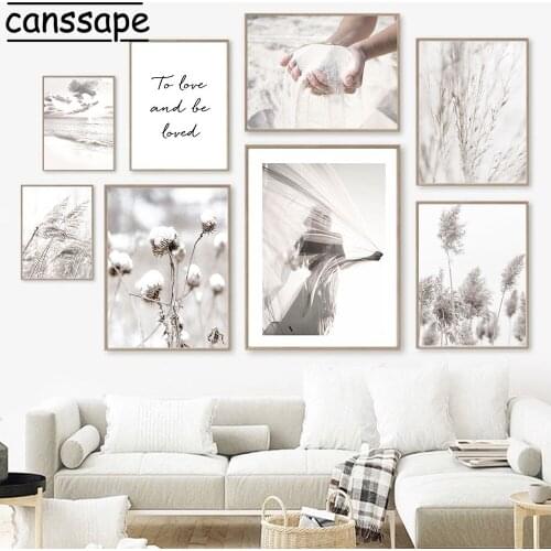 Beige Plant Hay Canvas Poster Beach Scenery Wall Art Posters Woman Back Print Modern Painting Nordic Wall Pictures Home Decor
