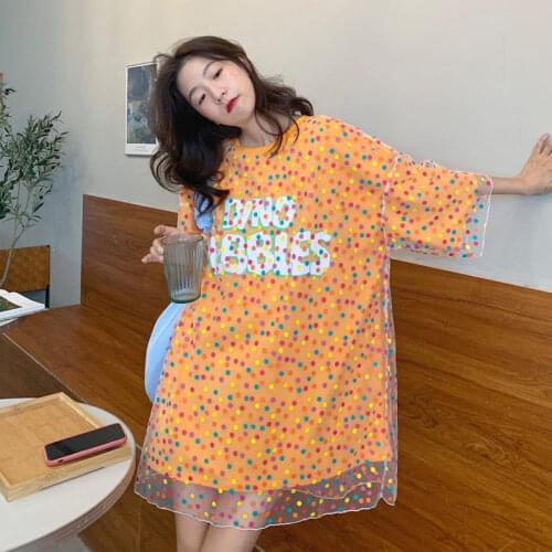 New Summer Mesh Stitching Mid-length Short-sleeved T-shirt Women Loose All-match Clothes