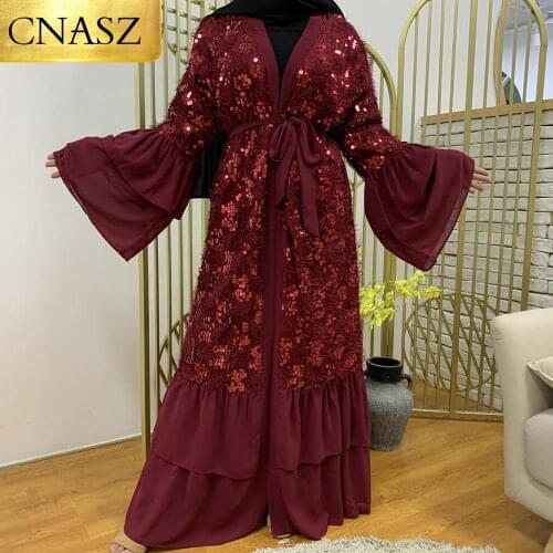 New Fashion Luxury Sequins Tassel Muslim Abaya Maxi Dress Flare Sleeves Long Robe Gowns Kimono Jubah Arabic Dubai Islamic Prayer