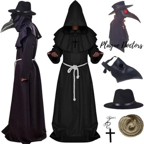 New Plague Doctor Cosplay Costume Medieval Hooded Robe Steampunk Terror Mask Hat Adult Halloween Party Role Play Size S-XL