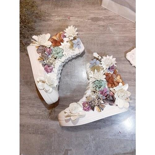 New high-top thick-soled canvas shoes, heavy-duty rhinestones, sweet color, three-dimensional flowers, sequin cloth shoes
