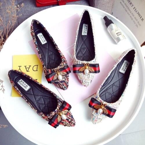 Multicolor Fabric single shoes woman bowtie flats checkered espadrilles pointy toe loafers pearl butterfly moccasins plus size44