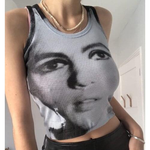 Retro Women Y2K Aesthetic Crop Top Graphic Print Tank Tops Harajuku Streetwear 90s Vintage E-girl Gothic Summer Sweats Vest