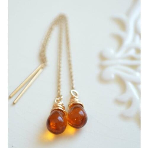 Topaz Threader Earrings, Smooth Glass Teardrop, Cable Chain, Delicate, Dainty, Wire Wrapped
