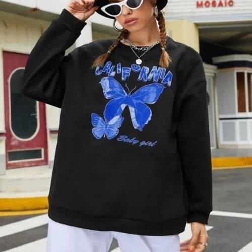 California Butterfly Print American Stylish Sweatshirt Women Black Hoodies Top O Neck Streetwear Casual Autumn Pullover Fashion