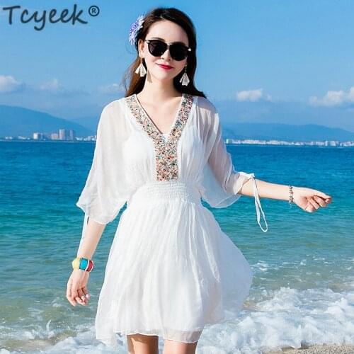 Tcyeek Women Summer Dress Mini White Dresses Slim Party Dress Silk V Nek Sexy Dresses Beach Clothes Vestidos Verano 2020 LWL1534
