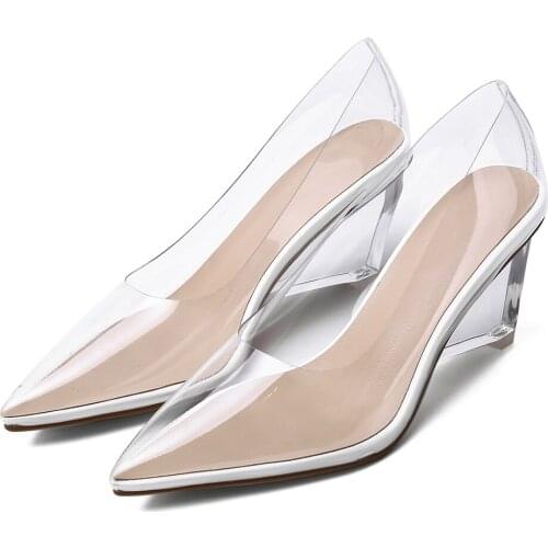 2020 Summer New Clear PVC Transparent Pumps Sandals Perspex Heel High Heels Point Toes Womens Party Shoes Nightclub Pump 34-41