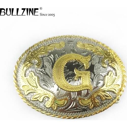 The Bullzine western flower with letter "G" belt buckle with silver and gold finish FP-03702-G for 4cm width snap on belt