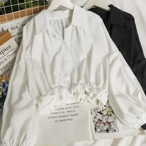 Womens Shirt 2021 Fall Lapel Single-breasted Loose Slimming Shirt Top Bubble Long-sleeved Solid Color Top Shirt Lady