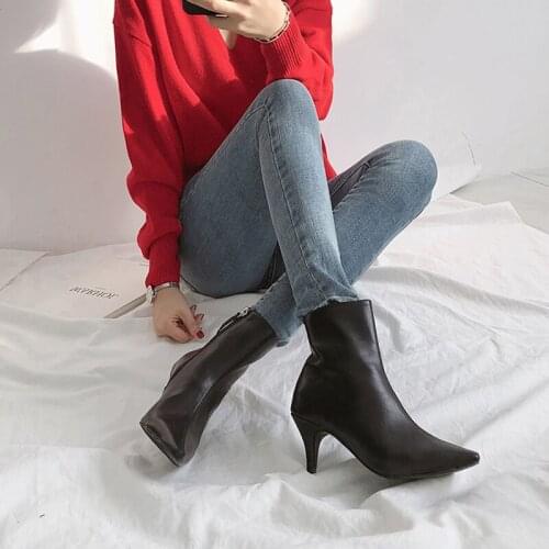 2020Autumn and Winter Boots Ladies Nude Boots Pointed Stiletto High Heel Leather Fashion All-match Ankle Boots Ladies Size 33-42