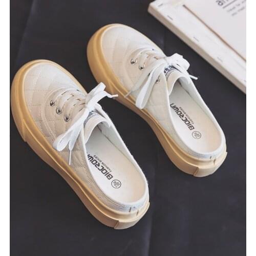 New Style Half Drag Cow Tendon Bottom Cream Canvas Shoes for Women Summer 2021 Girls Pink Shoes No Back Slip on Lazy Gumshoes