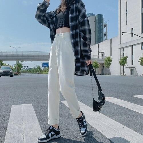 Womens Spring and Autumn Beige Straight-leg Jeans 2021 New Classic Style High Waist Loose Old Pants Brand Womens Pants
