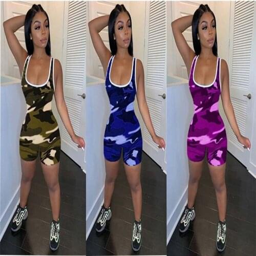 Womens Camouflage Print Short-Sleeved Suit Skinny Sports Jumpsuit