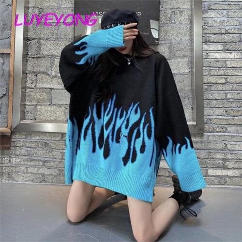 Winter Fashion Lady Loose Thick Contrast Color Streetwear Hip-hop Rock Knitted Top Women Fire Cool Gothic Pullovers Sweater 2021