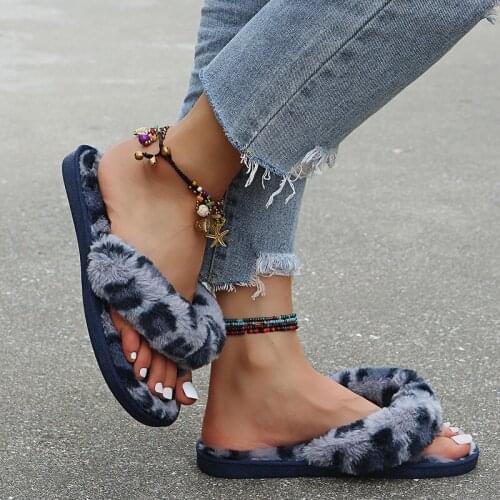 2021 Furry Slides Open Toe Slip on Soft Flip Flops Leopard Print House Wear Slippers Casual Family Home Shoes for Ladies Female