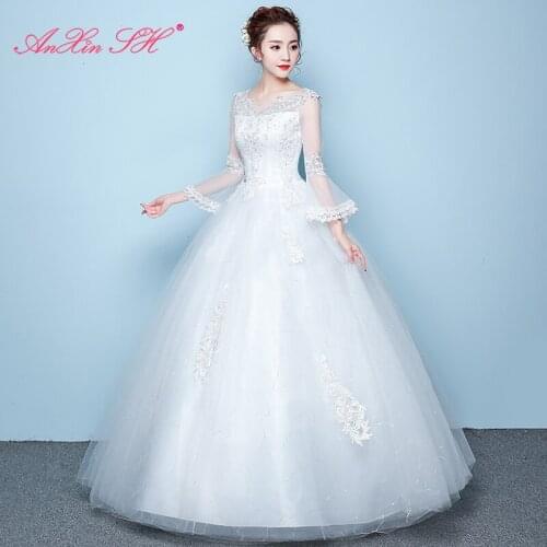 AXJFU princess flower lace white wedding dress party vintage o neck long flare sleeve illusion ball gown lace up wedding dress