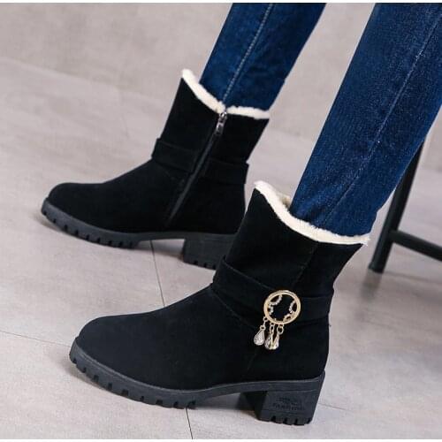 New Women Ankle Boots Winter Mid-Heel Ladies Snow Boots Thicken Plush Warm Zipper High Top Cotton Shoes Female Short Boots