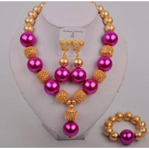 Fuchsia Pink Costume Necklace African Jewelry Set Dubai Gold Wedding Bridal Jewelry Sets Nigerian Beads Jewelry Set